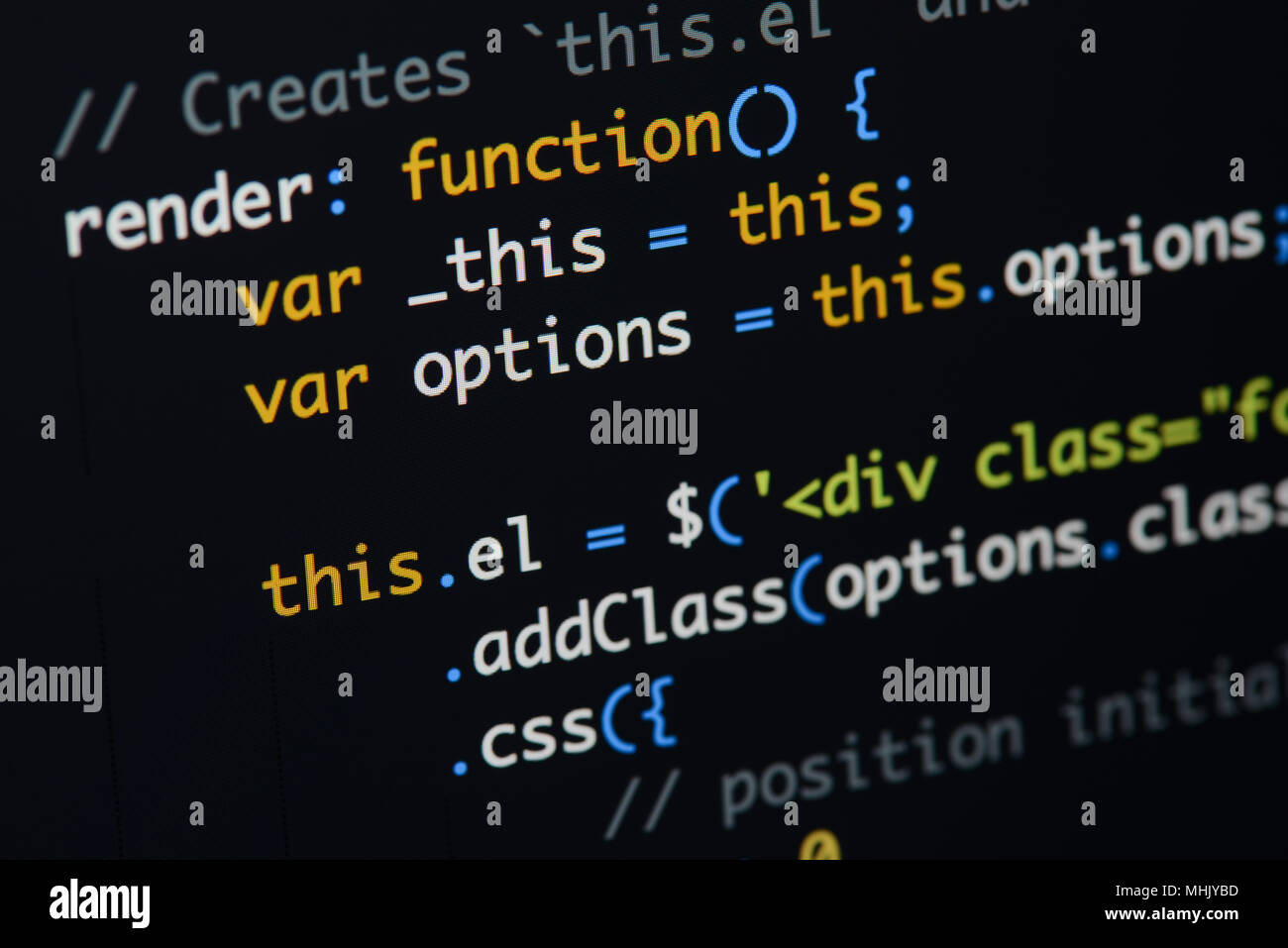Real Java Script code developing screen. Programing workflow abstract algorithm concept. Closeup of Java Script and HTML code. Stock Photo