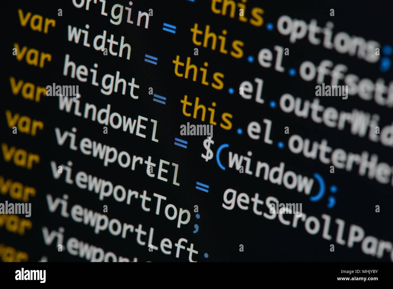 Real Java Script code developing screen. Programing workflow abstract algorithm concept. Closeup of Java Script and HTML code. Stock Photo