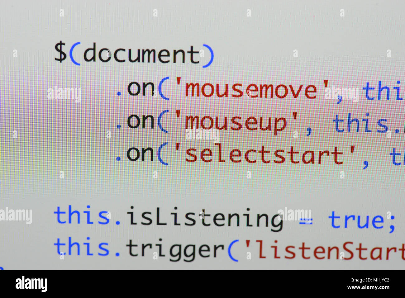 Real Java Script code developing screen. Programing workflow abstract algorithm concept. Closeup of Java Script and HTML code. Stock Photo