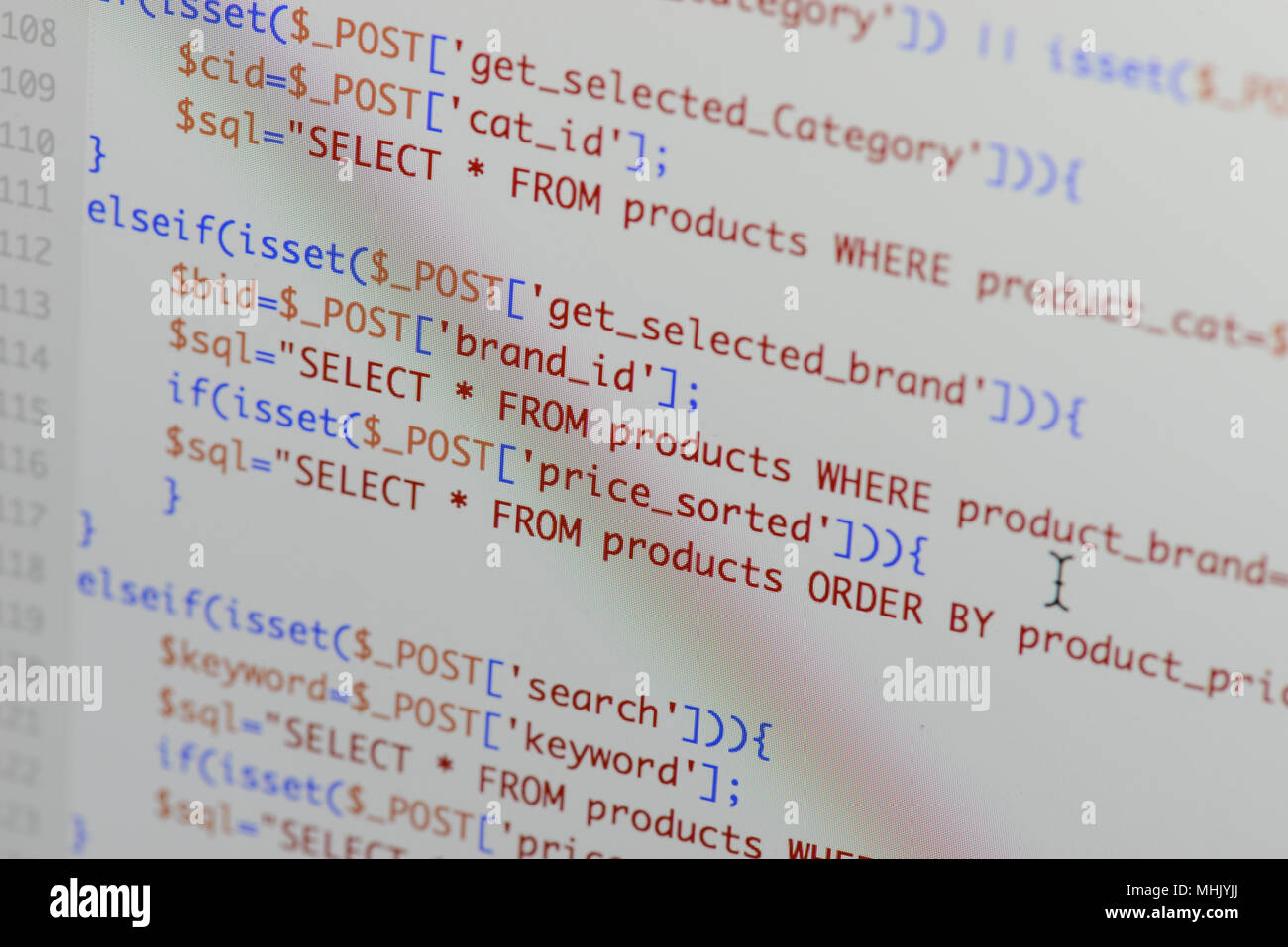 Real Php code developing screen. Programing workflow abstract algorithm concept. Lines of Php code visible. Stock Photo