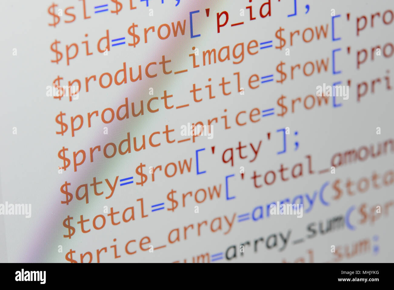 Real Php code developing screen. Programing workflow abstract algorithm concept. Lines of Php code visible. Stock Photo