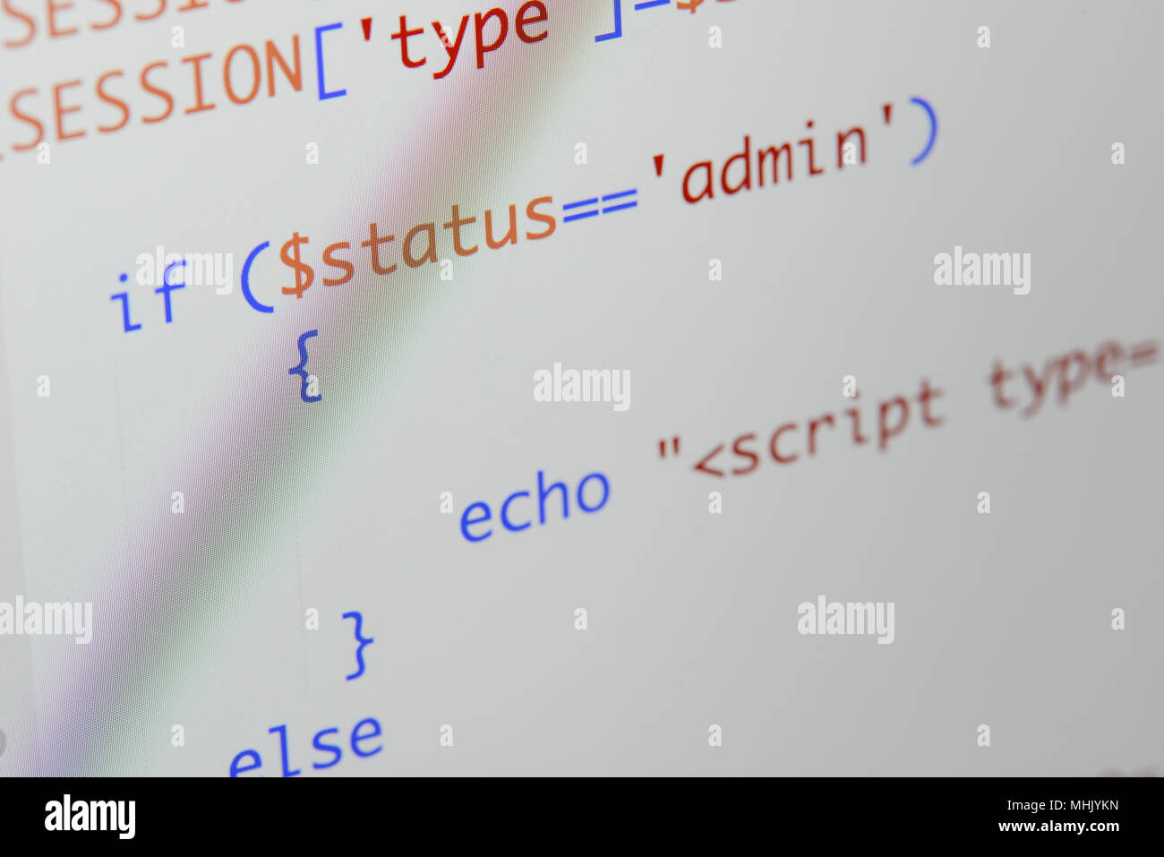Real Php code developing screen. Programing workflow abstract algorithm concept. Lines of Php code visible. Stock Photo