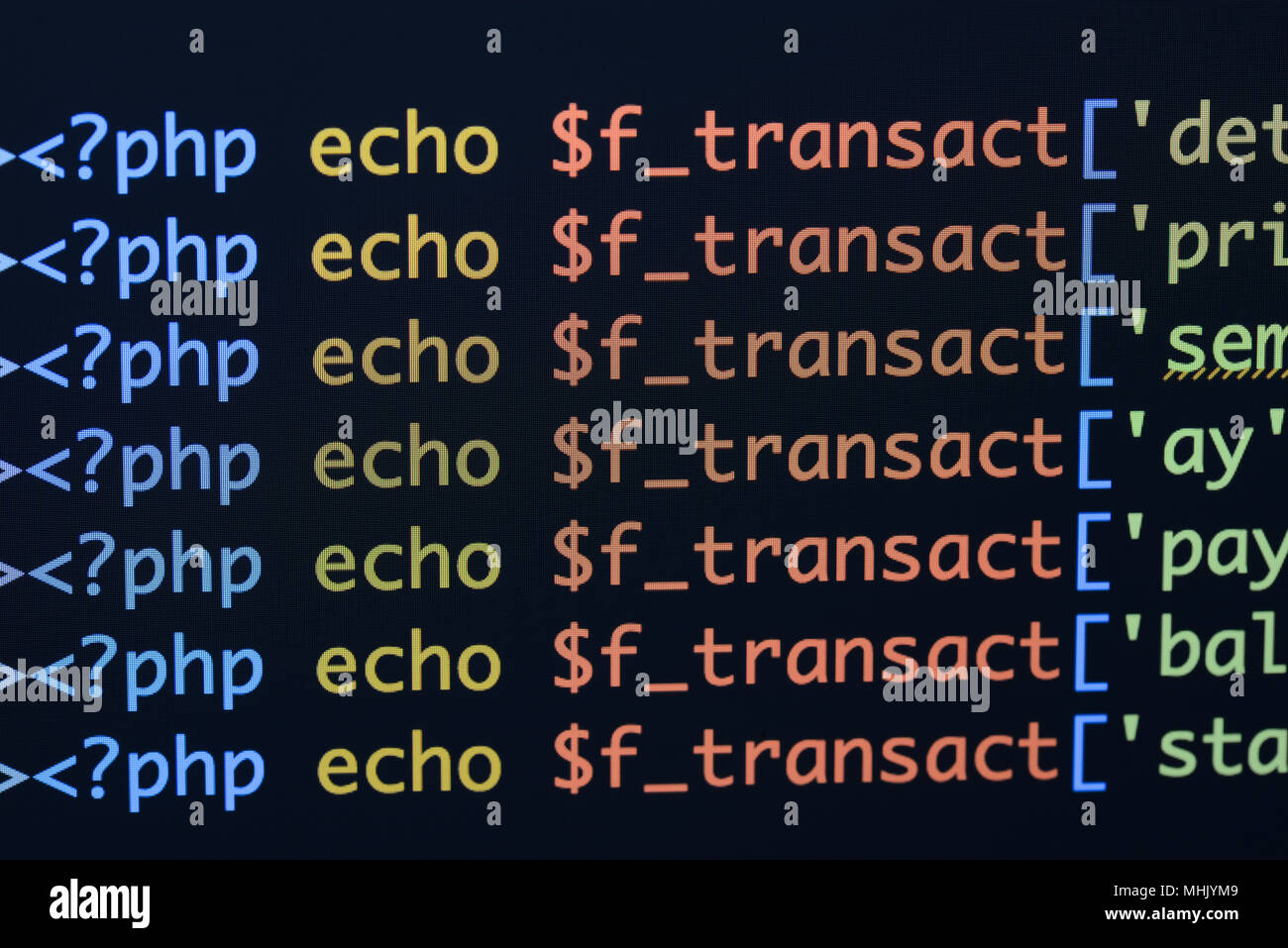 Real Php code developing screen. Programing workflow abstract algorithm concept. Lines of Php code visible. Stock Photo