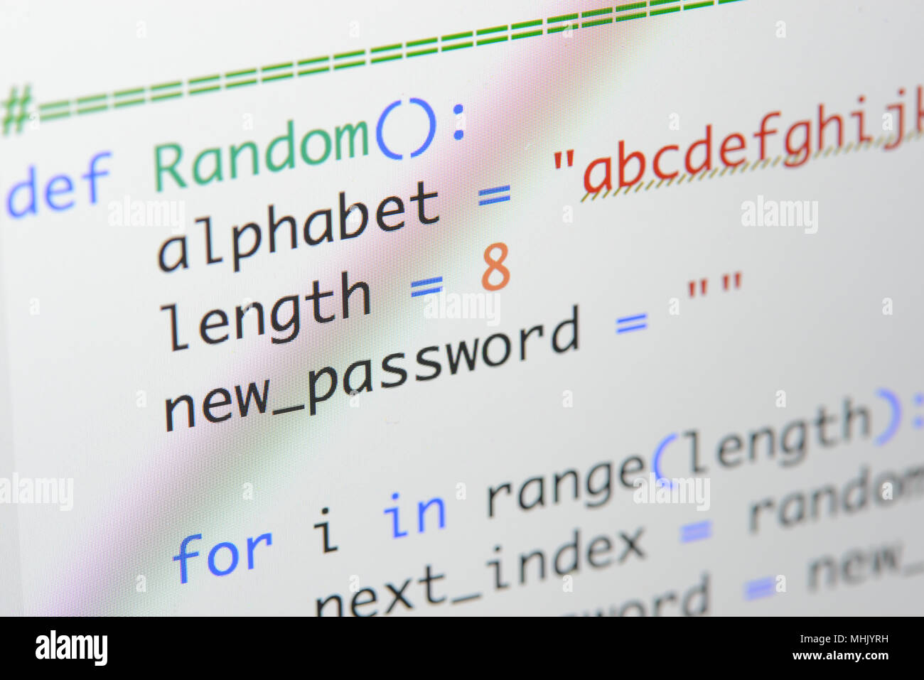 Real Python code developing screen. Programing workflow abstract algorithm concept. Lines of Python code visible under magnifying lens. Stock Photo