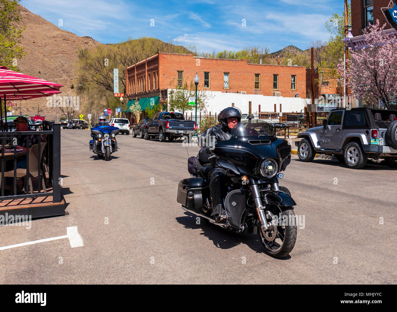 Harley Davidson motorcycle rider; small mountain town of Salida; Colorado; USA Stock Photo