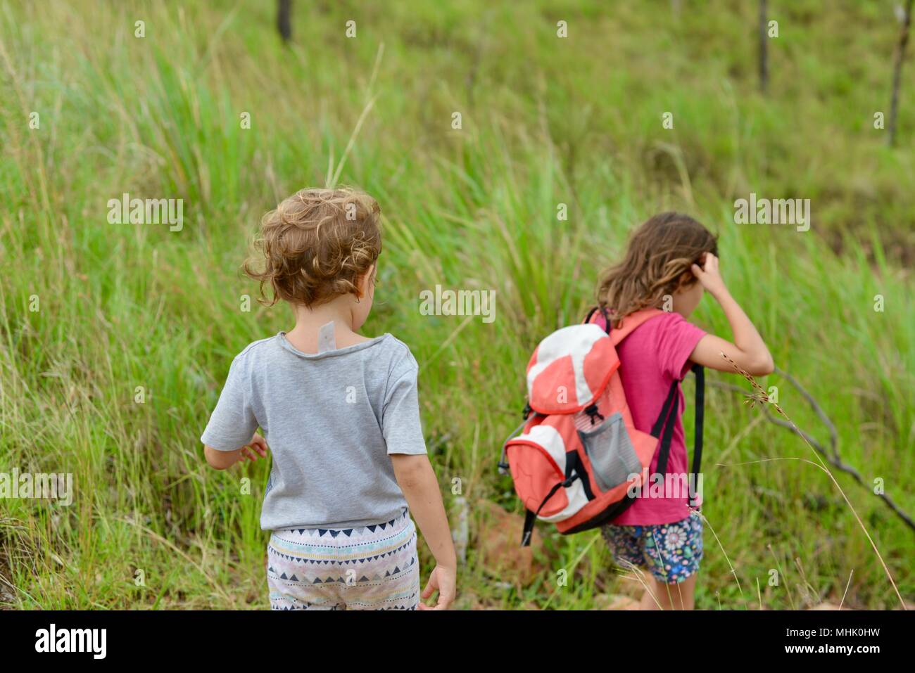 Two children walk along a path through a forest, Mount Stuart hiking trails, Townsville