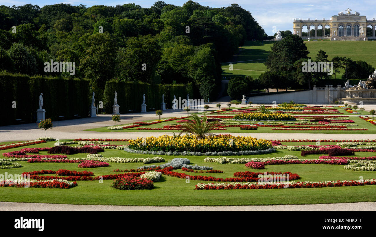 Schönbrunn Palace with beautiful gardens is on the UNESCO World Heritage List in Vienna, Austria. Stock Photo