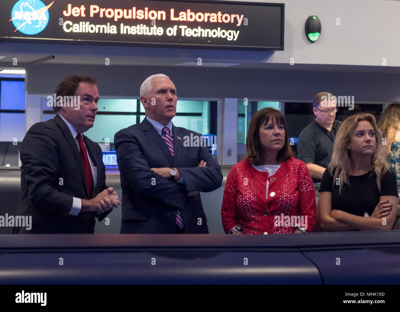 U.S. Vice President Mike Pence, center, wife Karen Pence and daughter Charlotte are givien a tour of the NASA Jet Propulsion Laboratory by JPL Director Michael Watkins, left, April 28, 2018 in Pasadena, California. Stock Photo