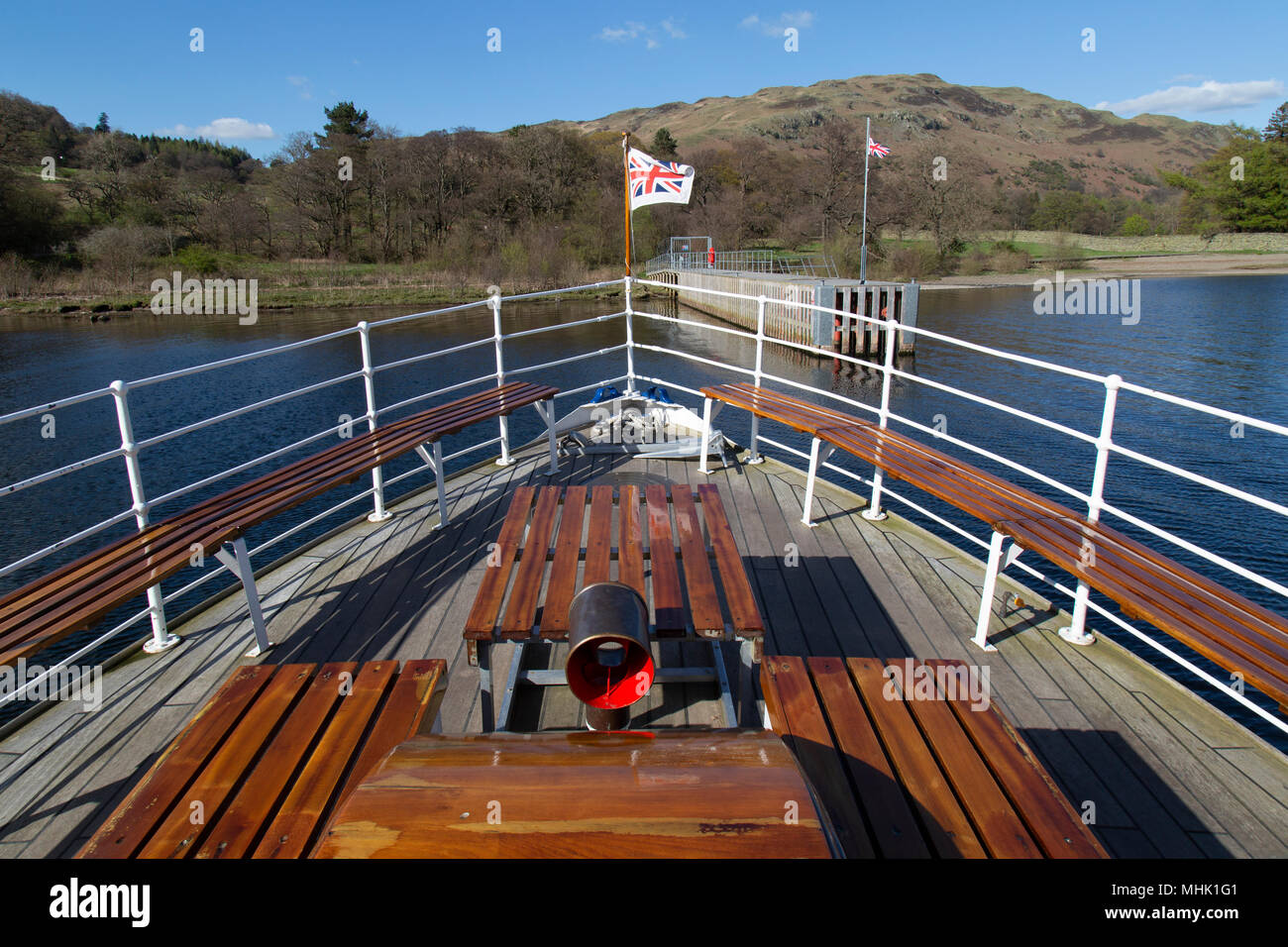 View from the front of the MV Western Belle, an Ullswater steamer in the Lake District National Park in England. Built in 1935. Stock Photo