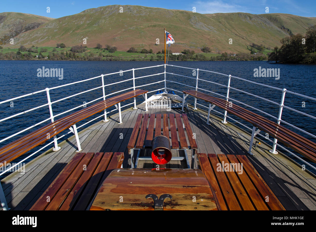 View from the front of the MV Western Belle, an Ullswater steamer in the Lake District National Park in England. Built in 1935. Stock Photo