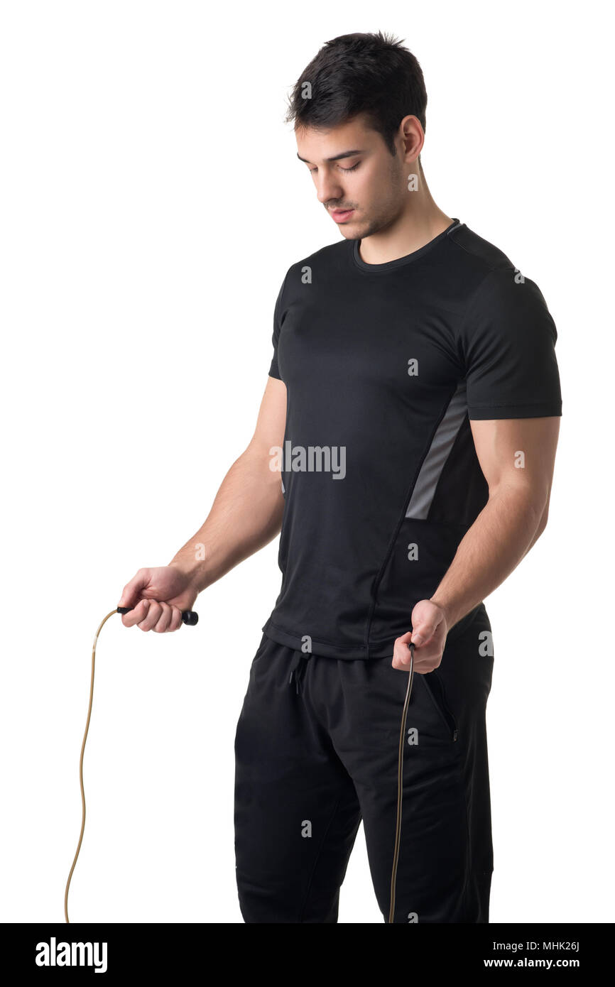 Fit athlete jumping rope, isolated in white Stock Photo