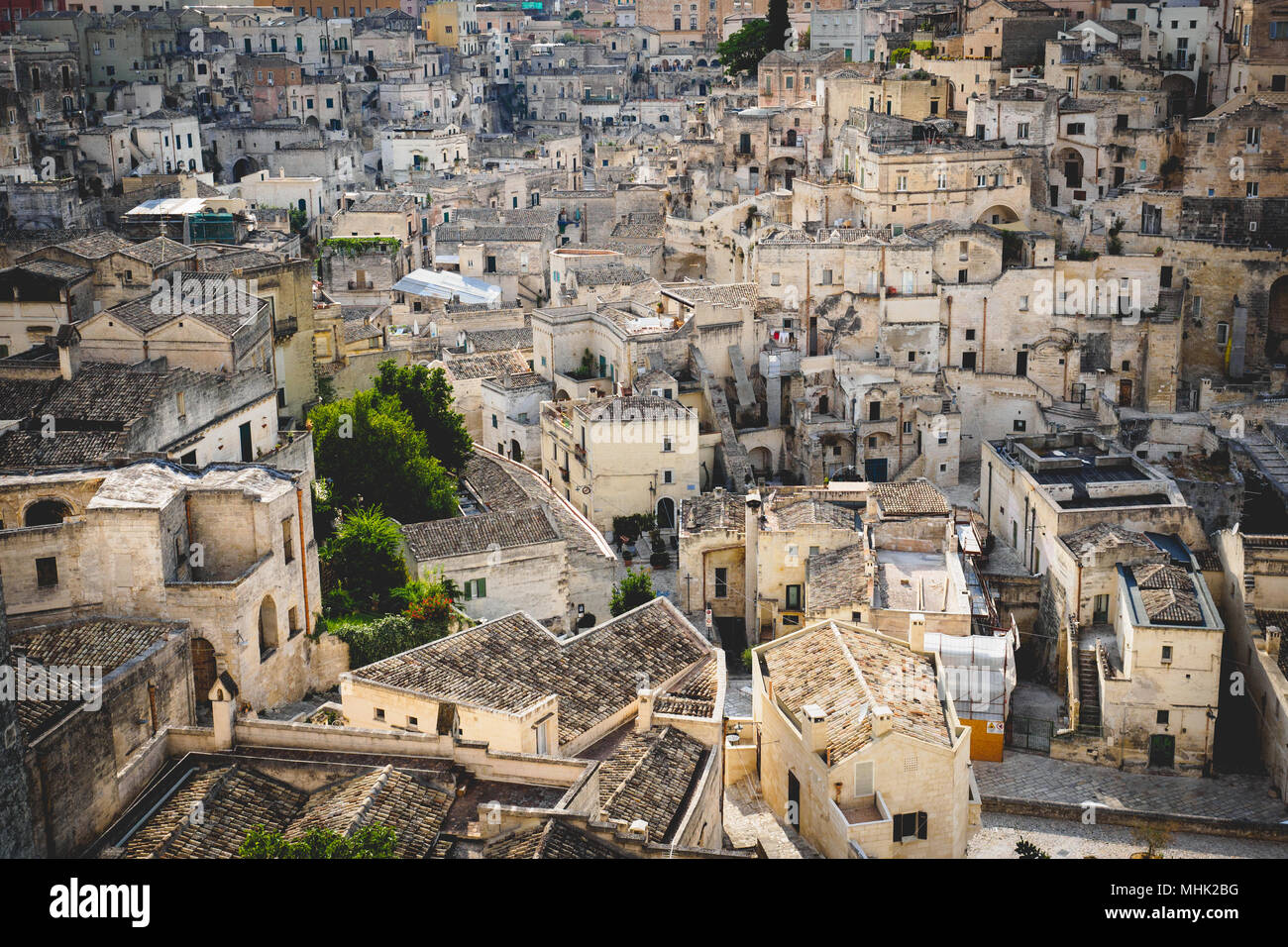 Matera (Italy), September 2017. Panoramic view of the Sasso Barisano from the Square of the Cathedral. Landscape format. Stock Photo