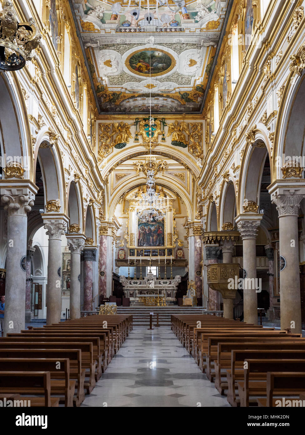 Matera (italy), September 2017. View of the interior of the Cathedral dedicated to the Virgin Mary and Saint Eustace. Portrait format. Stock Photo