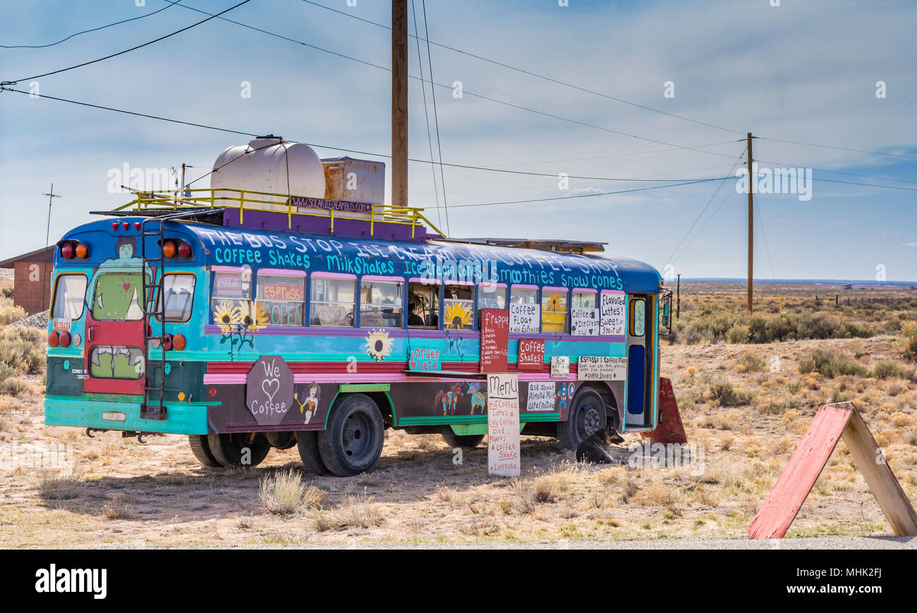 Solar ice cream bus, food truck, parked in the New Mexico desert near the Rio Grande Gorge Bridge Taos, New Mexico, USA. Stock Photo
