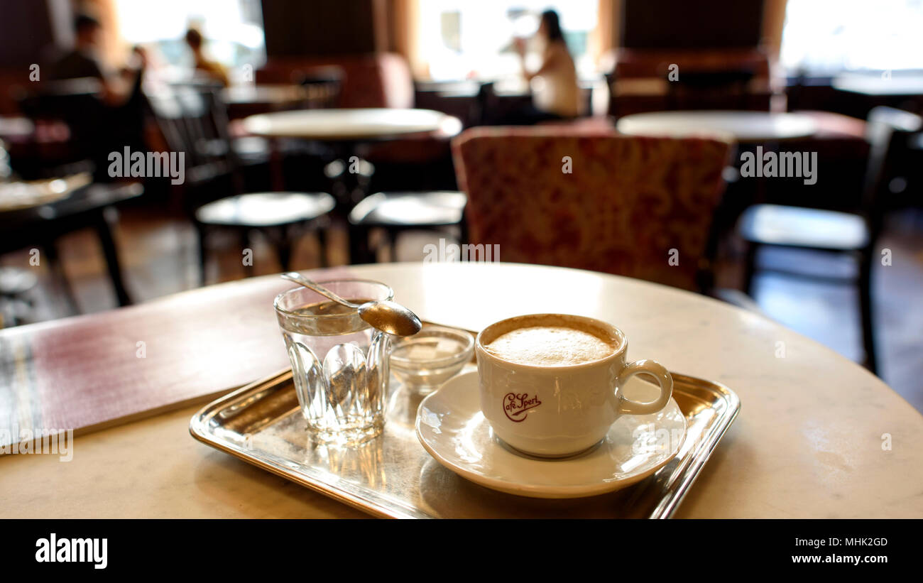 A cappuccino at Cafe Sperl, a traditional Viennese café in Vienna, Austria. Stock Photo