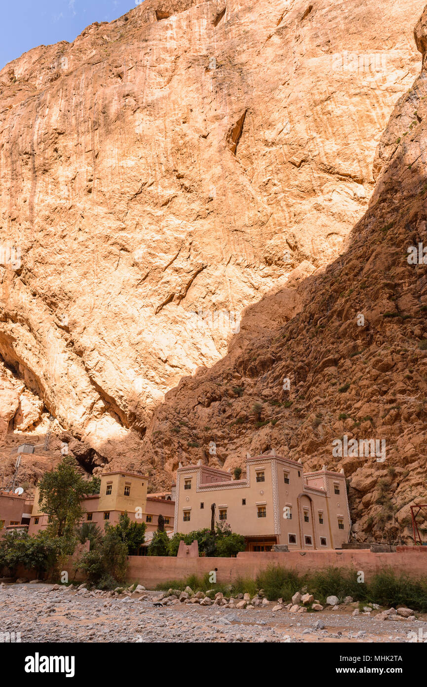 Hotel in the Todgha Gorge, a canyon in the High Atlas Mountains in Morocco, near the town of Tinerhir. Stock Photo