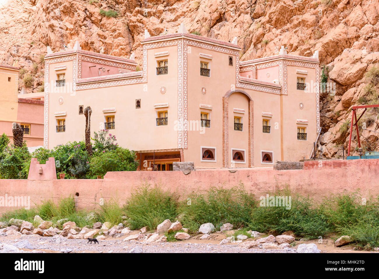 Hotel in the Todgha Gorge, a canyon in the High Atlas Mountains in Morocco, near the town of Tinerhir. Stock Photo