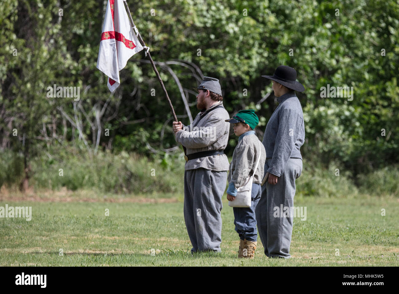 American Civil War reenactors in action at the Dog Island event in Red Bluff, California. Stock Photo