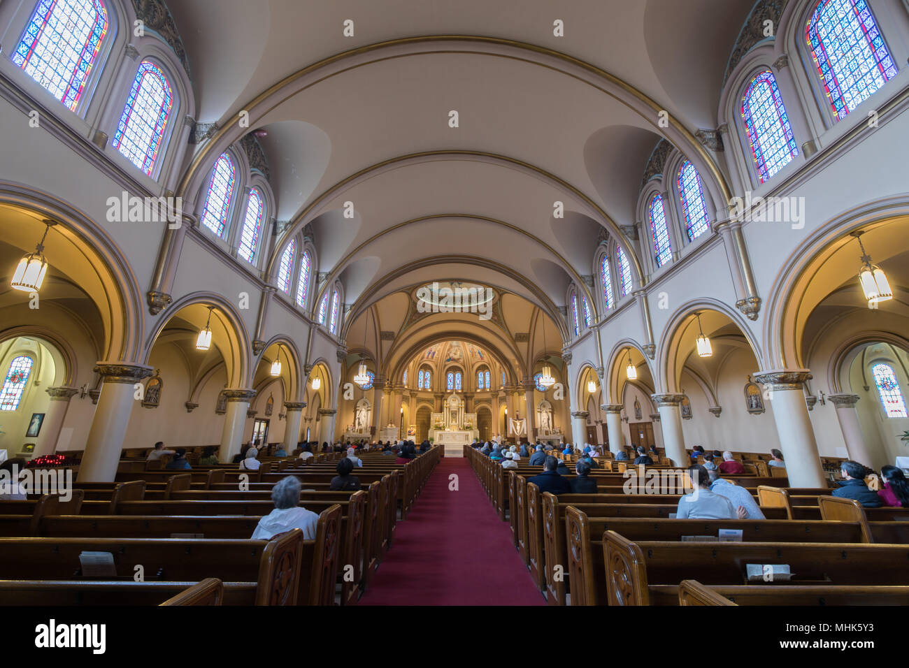 San Francisco, California - April 28, 2018: Interior of Star of the Sea Catholic Church. Stock Photo