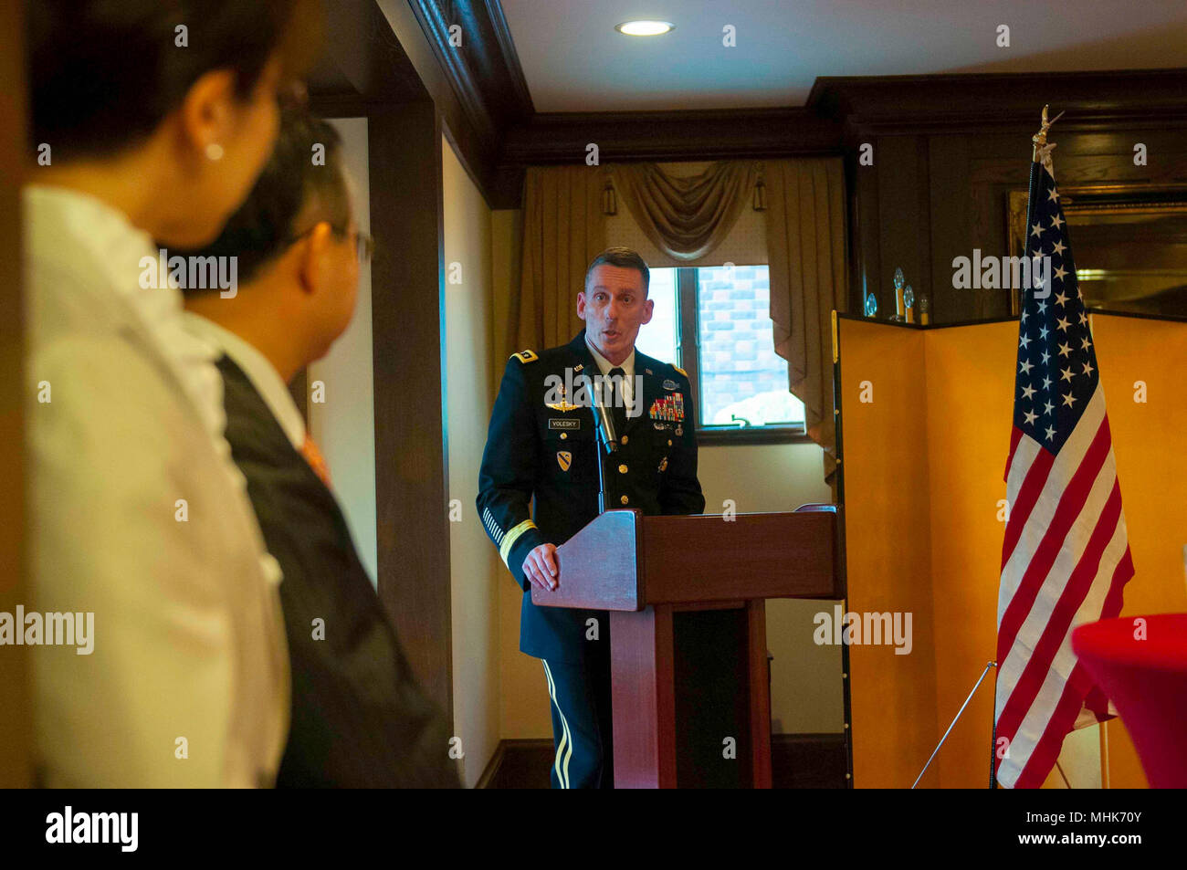 I Corps Commanding General, Lt. Gen. Gary J. Volesky gives opening remarks during a Tomodachi Reception at the official residence of the Consulate-General of Japan in Seattle Mar. 23, 2018.  Several senior leaders and other service members were invited guests to the consul general’s home for the reception to express gratitude and reinforce the continued partnership of the U.S. and Japan forces. (U.S. Army Stock Photo