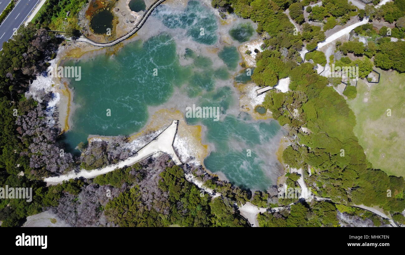 aerial shot of Kuirau Park geothermal pool in Rotorua (New Zealand) Stock Photo