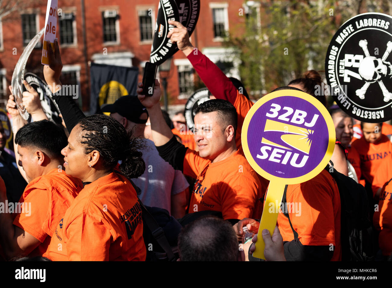 New York City, USA. 1st May 2018. Activists seen during May Day demonstration. Union members, activists and protesters protest on May Day at Washington Square Park in New York City. May Day or Labor Day is celebrated around the world to support worker right. Credit: SOPA Images Limited/Alamy Live News Stock Photo