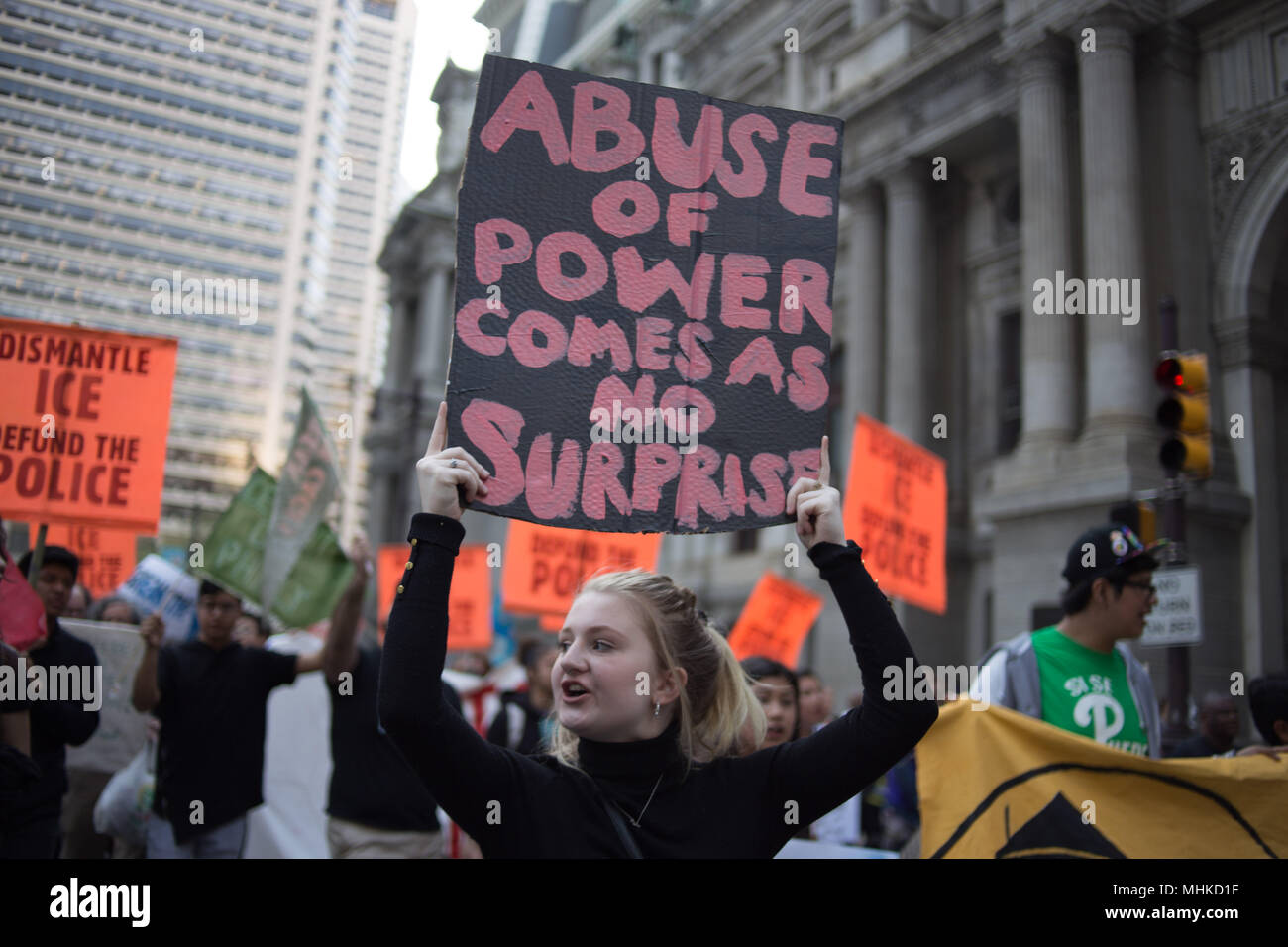 Philadelphia, USA. 1st May 2018. Protestors from an alliance of groups march around City Hall to celebrate May Day, a traditional day for recognizing workers' rights. Credit: Michael Candelori/Alamy Live News Stock Photo