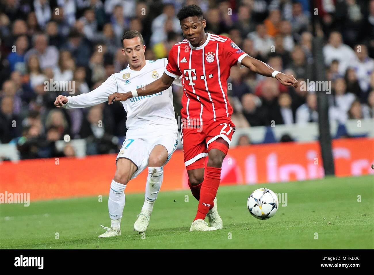 Madrid, Spain. 1st May, 2018. Daniel Alaba  (Bayern Munich ) and Lucas Vasquez ( Real Madrid) during the UEFA Champions League, semi final, 2nd leg football match between Real Madrid and Bayern Munich on May 1, 2018 at Santiago Bernabeu stadium in Madrid, Spain - Photo Laurent Lairys / DPPI Credit: Laurent Lairys/Agence Locevaphotos/Alamy Live News Stock Photo