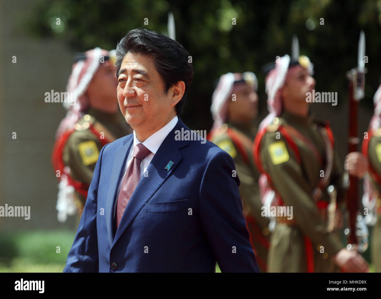 Japan's Prime Minister Shinzo Abe arrives in company with Jordan's Prime Minister Hani Mulki at al-Huseineyah palace to meet with Jordan's King Abdullah and Crown Prince Hussein on May 1, 2018 in Amman, Jordan. (Salah Mohamad/ Aflo) Stock Photo