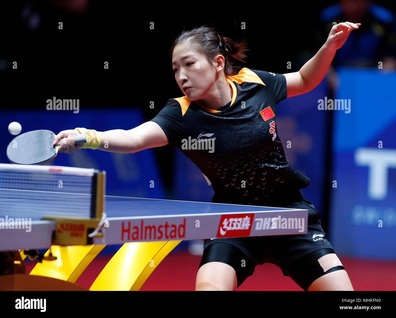 Halmstad, Sweden. 1st May, 2018. Liu Shiwen of China returns the ball to  Jennifer Jonsson of Sweden during the Women's Group A fifth round match of  2018 World Team Table Tennis Championships