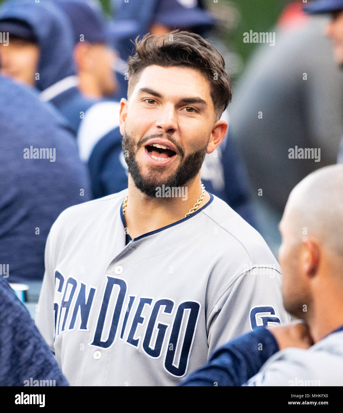San Francisco, California, USA. 01st May, 2018. San Diego Padres first  baseman Eric Hosmer (30) greets teammates in the dugout, before a MLB game  between the San Diego Padres and the San