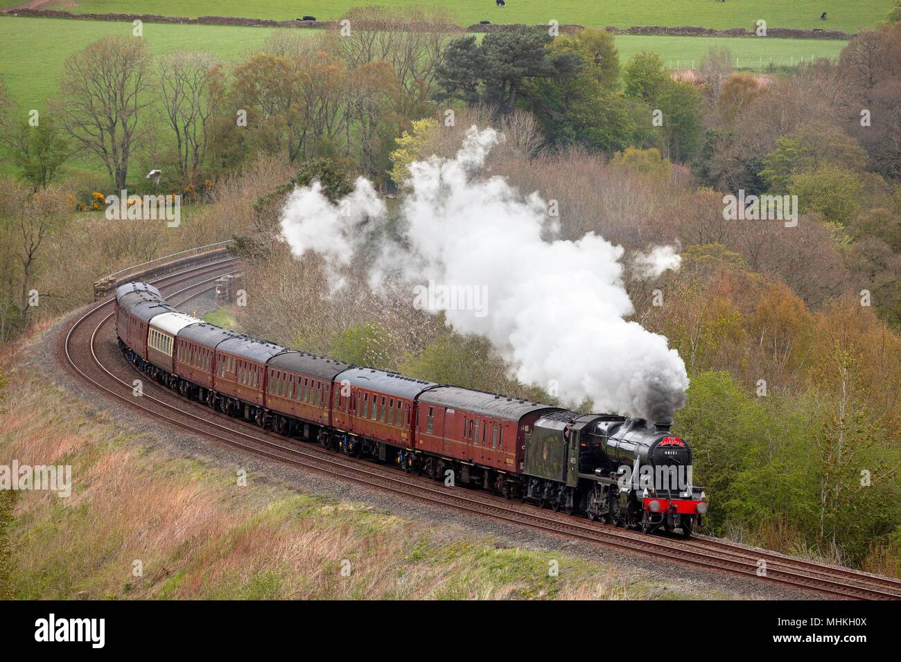 Settle to Carlisle Railway, Armathwaite, Cumbria, UK. Tuesday 1st May, 2018. Steam train LMS Stanier Class 8F on the first run of the return leg of this years 'The Dalesman' charter tours at Low Baron Wood Farm. Credit: Andrew Findlay/Alamy Live News Stock Photo