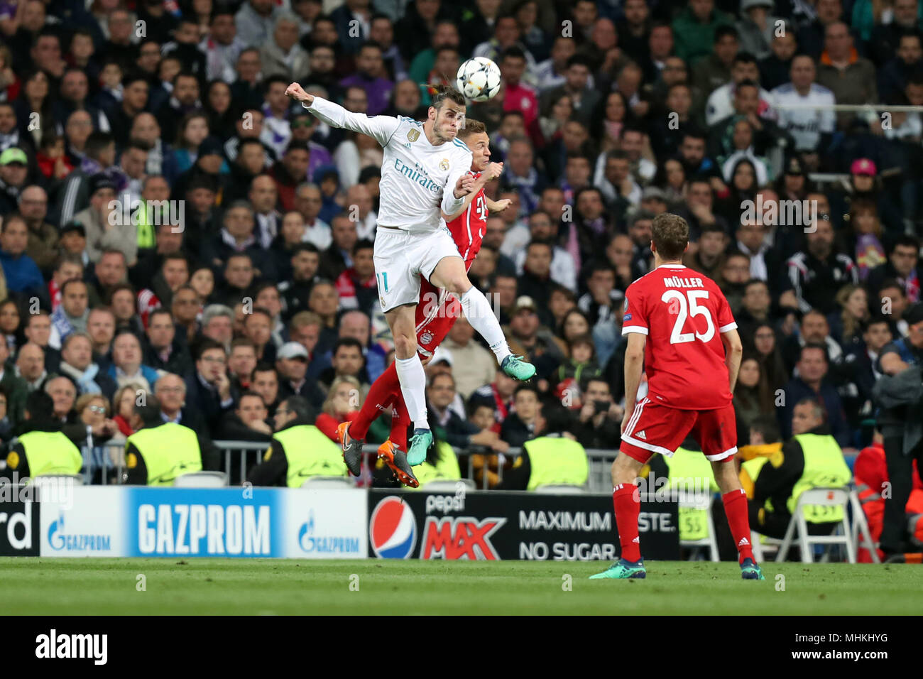 Madrid, Spain. 1st May, 2018. GARETH BALE of Real Madrid heads the ball  under pressure from