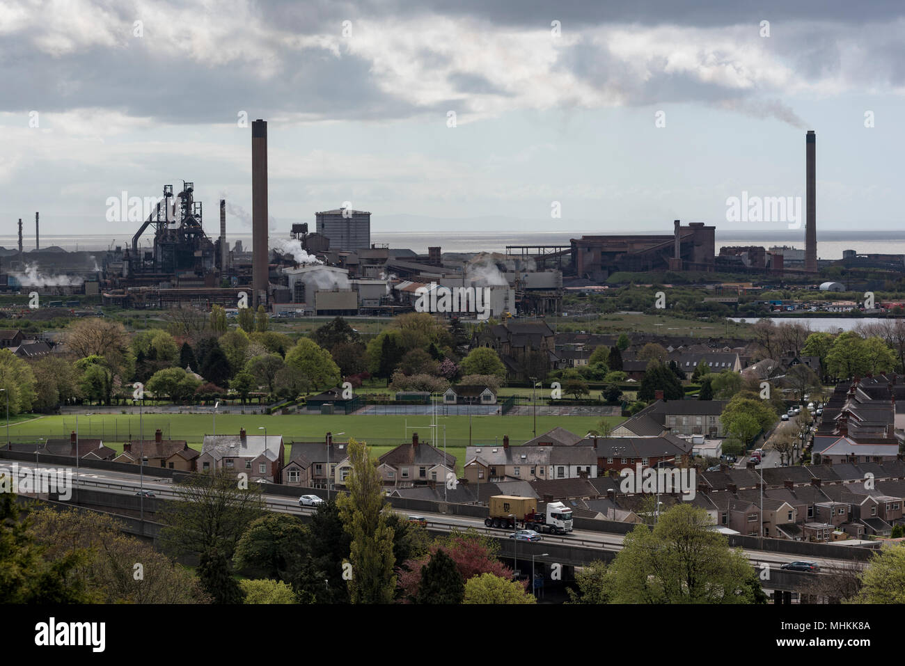 2nd May, 2018. Port Talbot, Wales, UK. Port Talbot in South Wales has the highest levles of air polliution of any town in the UK according to a new report by the World Health Organisation (WHO). Levels of the finest and possibly the most deadly PM2.5 particulates exceeded those of cities such as London with 18 micrograms per cubic metre. Another steel town, Scunthorpe , was second.  Port Talbot has a long history and reputation for having polluted air - it is home to the Tata steelworks and the M4 motorway passes right through on a raised section.   Picture Credit: IAN HOMER/Alamy Live News Stock Photo