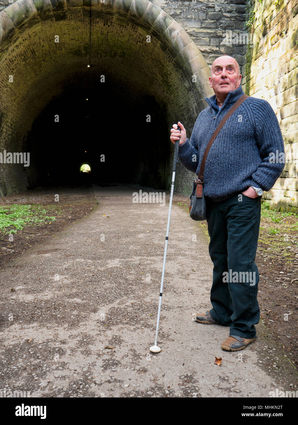 Ashbourne, UK. 2nd May, 2018. Blind British Armed Forces veteran Simon Mahoney at the entrance to Tissington Tunnel, Ashbourne, ahead of his book launch 'Descent into Darkness' which he wrote as an insight to the thousands who have & are losing their sight, their carers and professionals working in the eye care field. Credit: Doug Blane/Alamy Live News Stock Photo