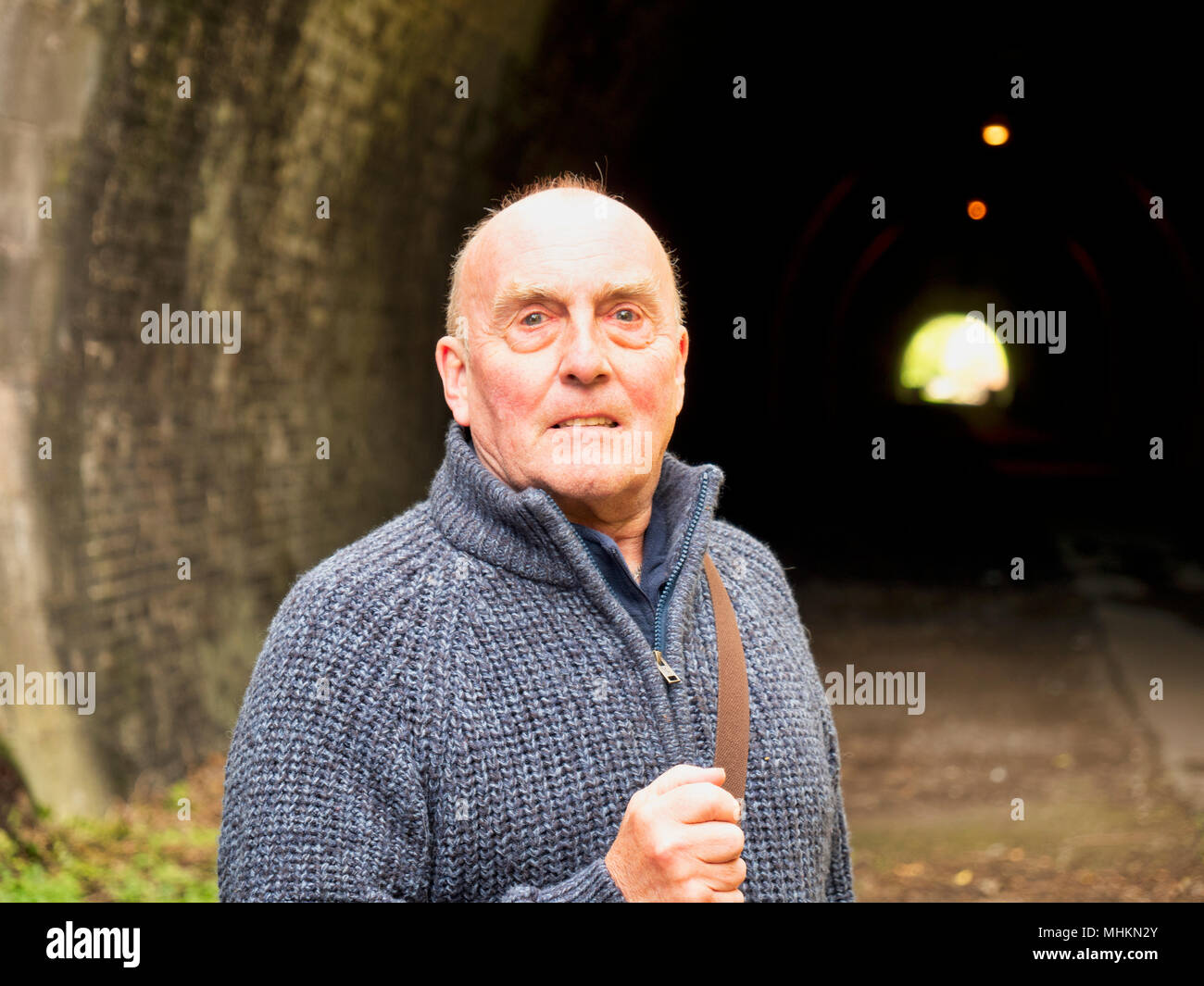 Ashbourne, UK. 2nd May, 2018. Blind British Armed Forces veteran Simon Mahoney at the entrance to Tissington Tunnel, Ashbourne, ahead of his book launch "Descent into Darkness" which he wrote as an insight to the thousands who have & are losing their sight, their carers and professionals working in the eye care field. Credit: Doug Blane/Alamy Live News Stock Photo