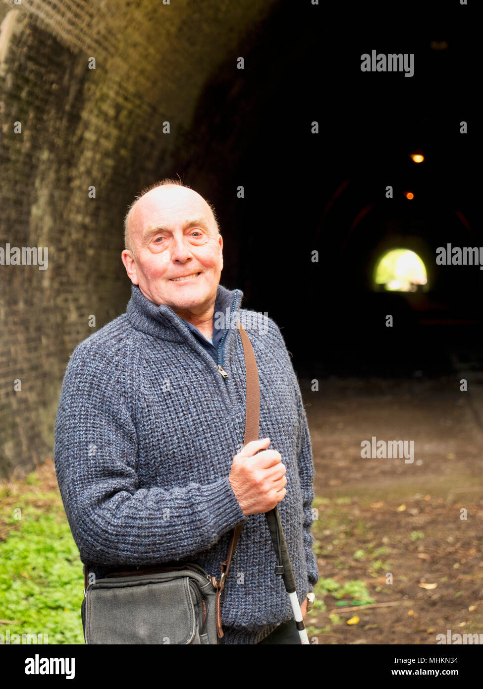 Ashbourne, UK. 2nd May, 2018. Blind British Armed Forces veteran Simon Mahoney at the entrance to Tissington Tunnel, Ashbourne, ahead of his book launch "Descent into Darkness" which he wrote as an insight to the thousands who have & are losing their sight, their carers and professionals working in the eye care field. Credit: Doug Blane/Alamy Live News Stock Photo