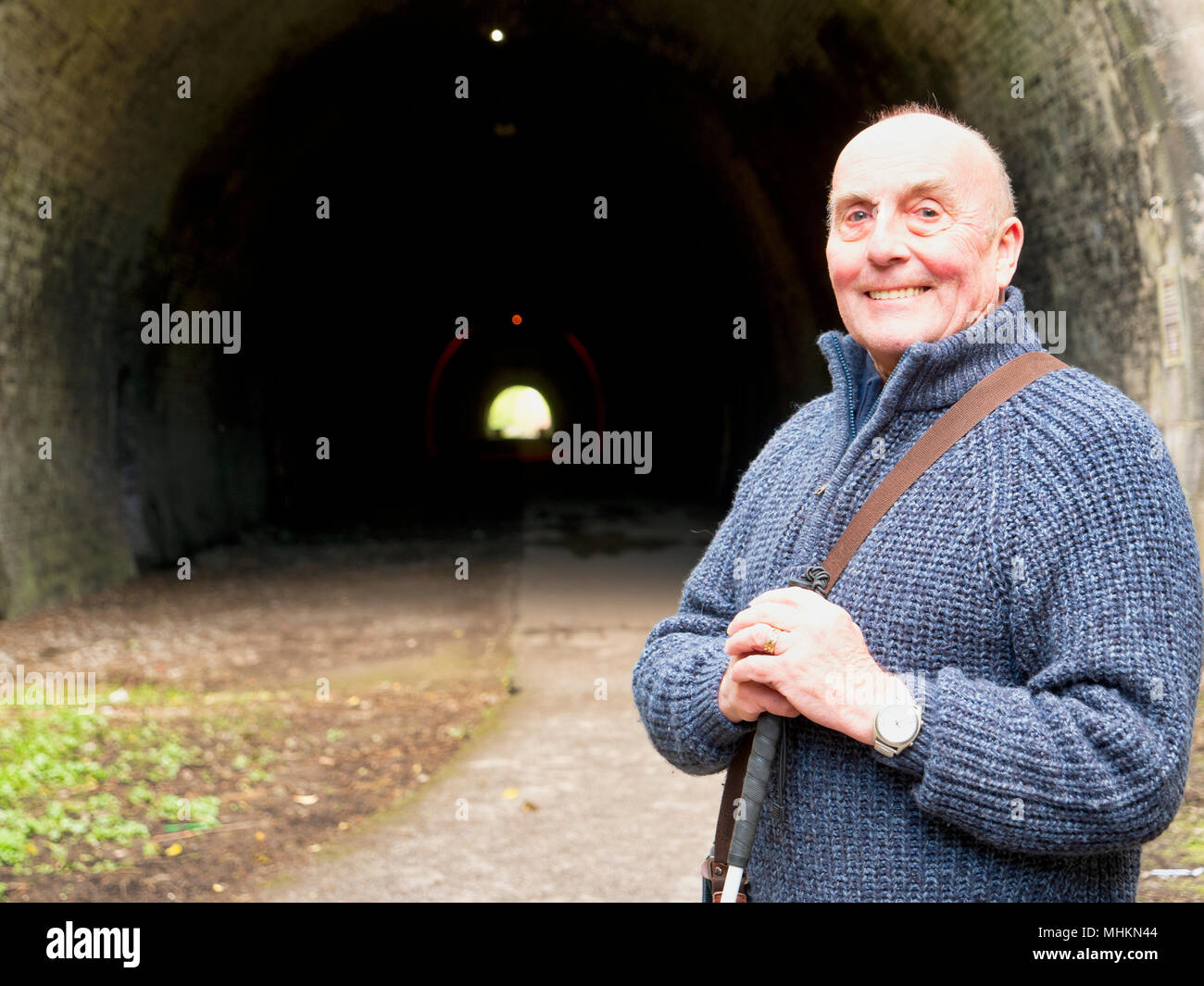 Ashbourne, UK. 2nd May, 2018. Blind British Armed Forces veteran Simon Mahoney at the entrance to Tissington Tunnel, Ashbourne, ahead of his book launch 'Descent into Darkness' which he wrote as an insight to the thousands who have & are losing their sight, their carers and professionals working in the eye care field. Credit: Doug Blane/Alamy Live News Stock Photo