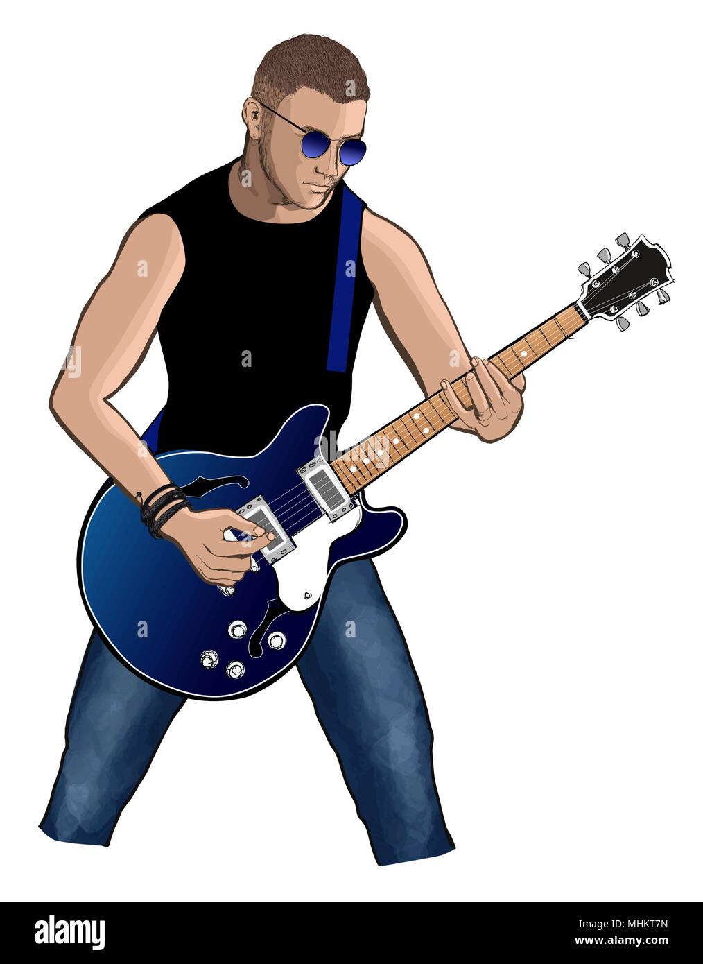 Guitar player with blue electric guitar - vector illustration Stock Vector