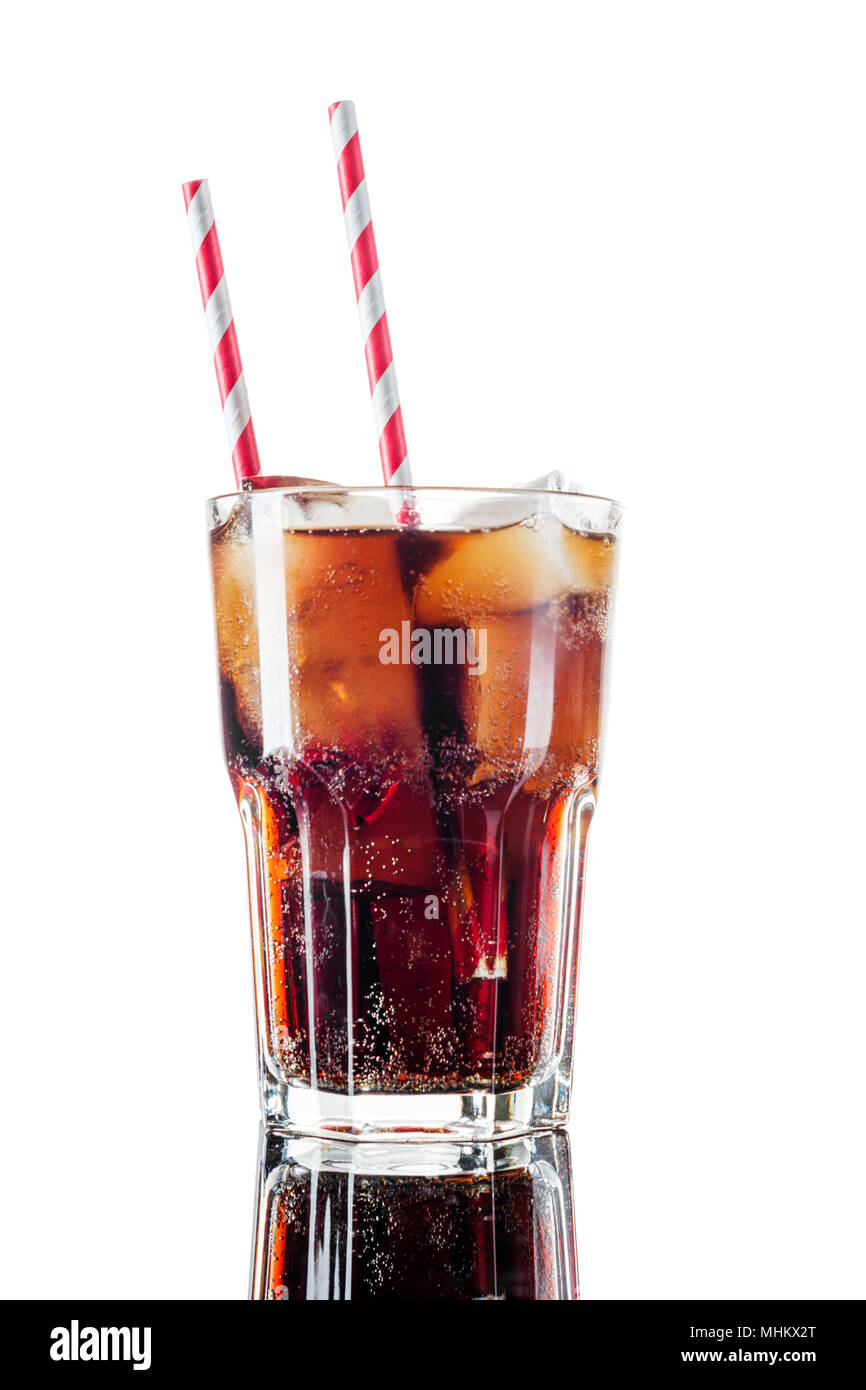 Cola in glass with straw and ice cubes isolated on white background Stock Photo