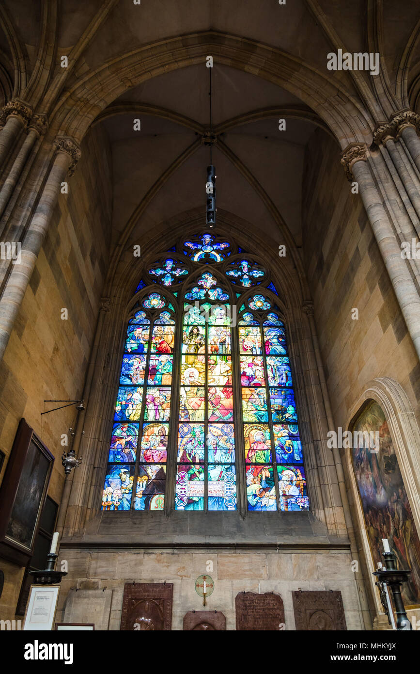 Prague,  Czech Republic - August 19, 2017: St. Vitus Cathedral. It is  a prominent example of Gothic architecture Stock Photo