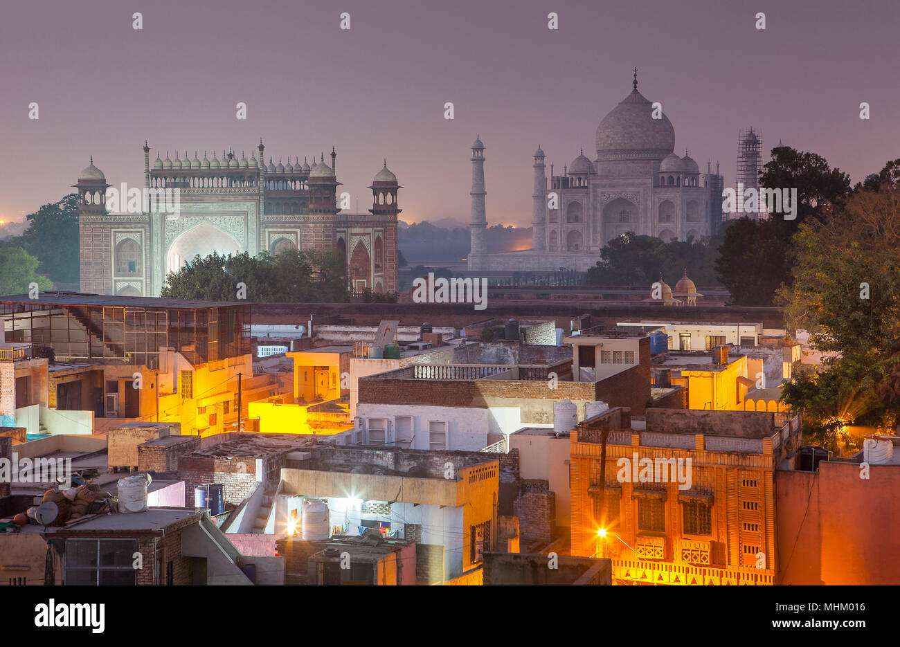 Taj Mahal and roofs of the city, Agra, India Stock Photo
