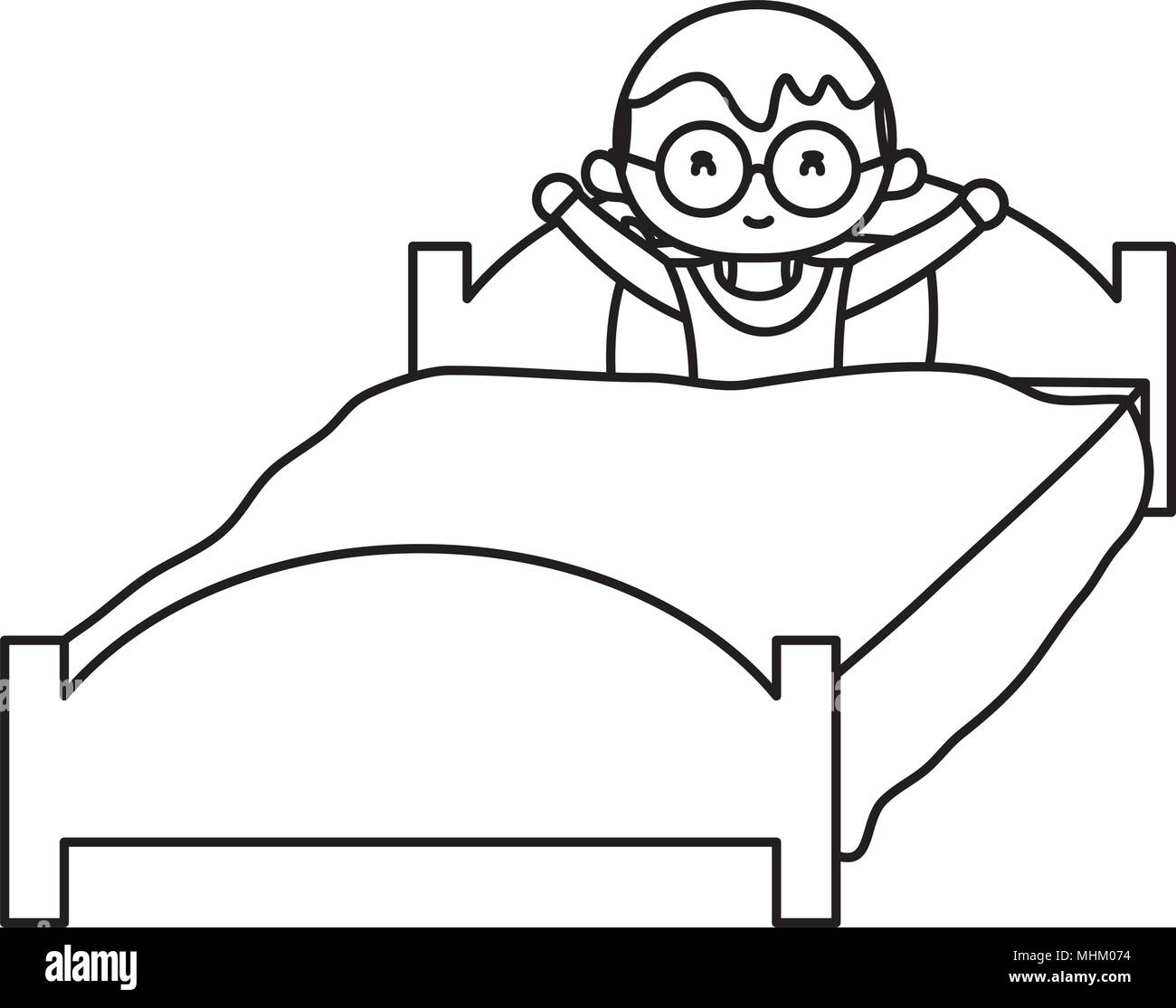 line boy with hairstyle and glasses relaxing in the bead Stock Vector