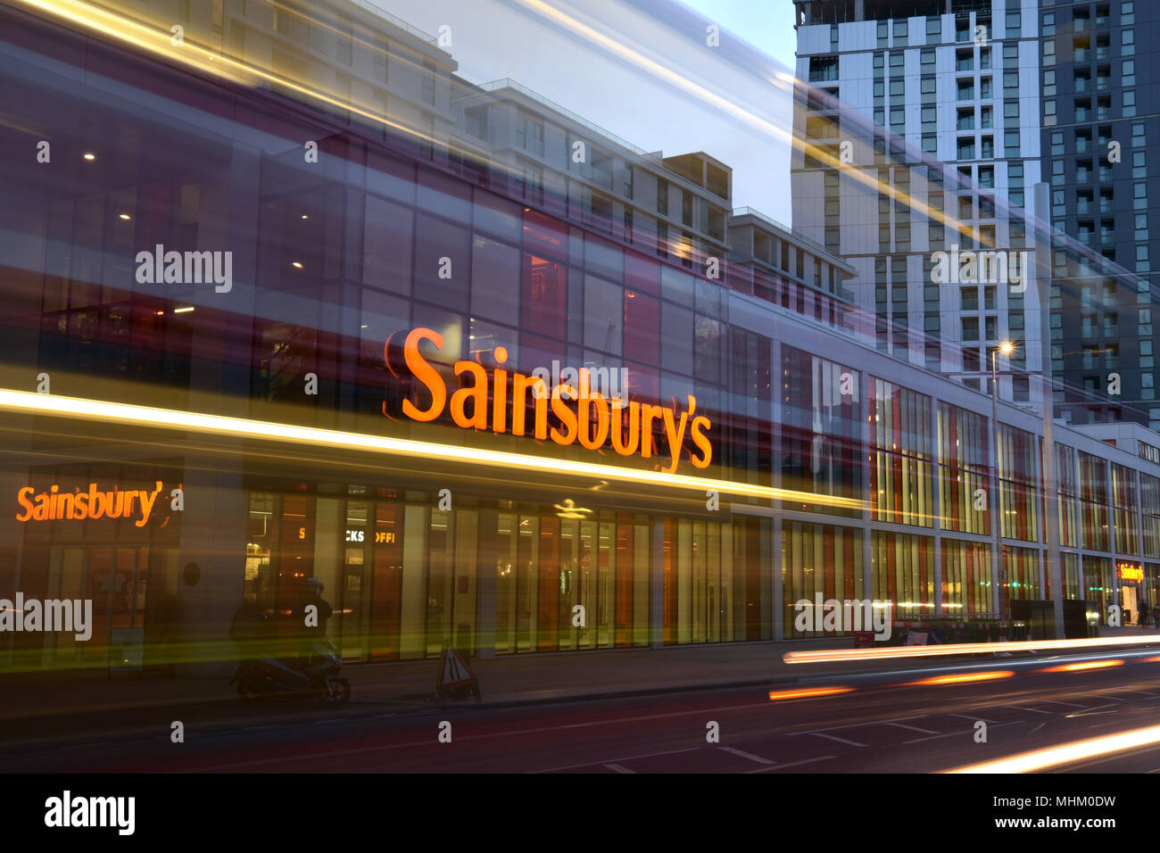 Sainsbury’s supermarket at Nine Elms, Vauxhall, Lambeth, London. The store is a superstore and acts as a distribution centre and fulfilment for online Stock Photo