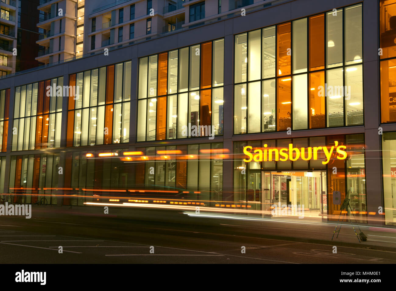 Sainsbury’s supermarket at Nine Elms, Vauxhall, Lambeth, London. The store is a superstore and acts as a distribution centre and fulfilment for online Stock Photo