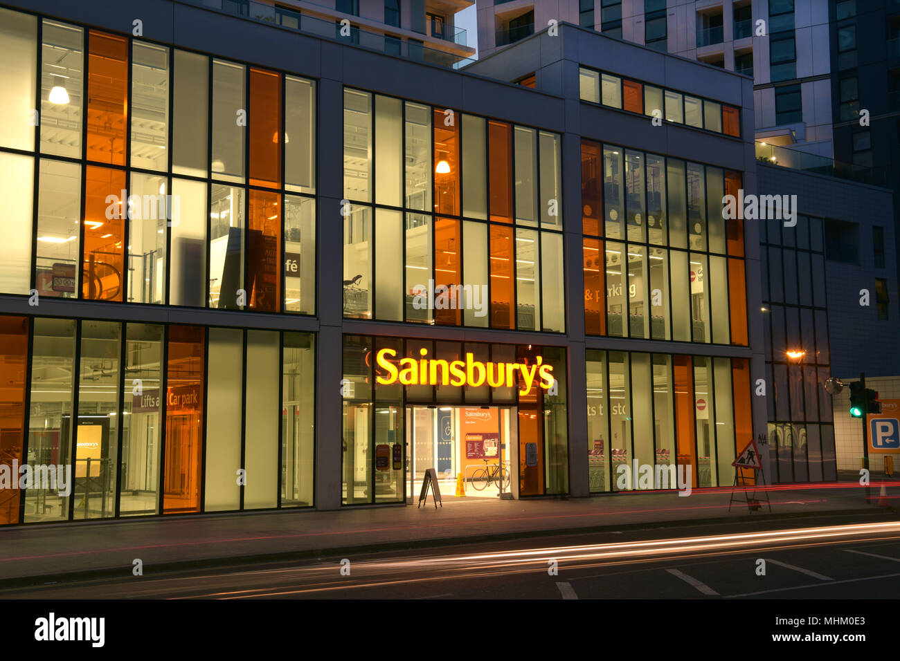Sainsbury’s supermarket at Nine Elms, Vauxhall, Lambeth, London. The store is a superstore and acts as a distribution centre and fulfilment for online Stock Photo