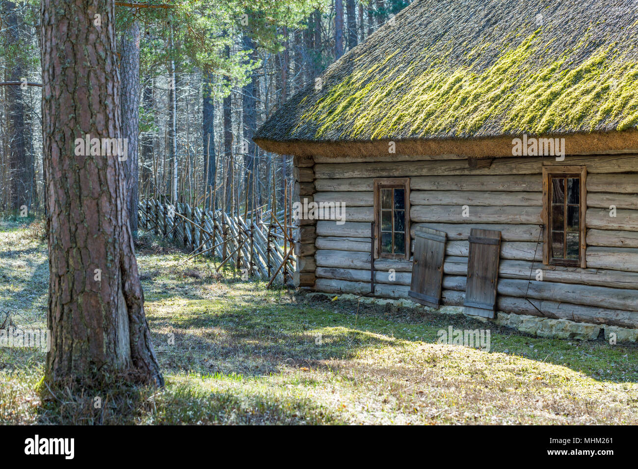 Old log house with a thatched roof and windows Stock Photo