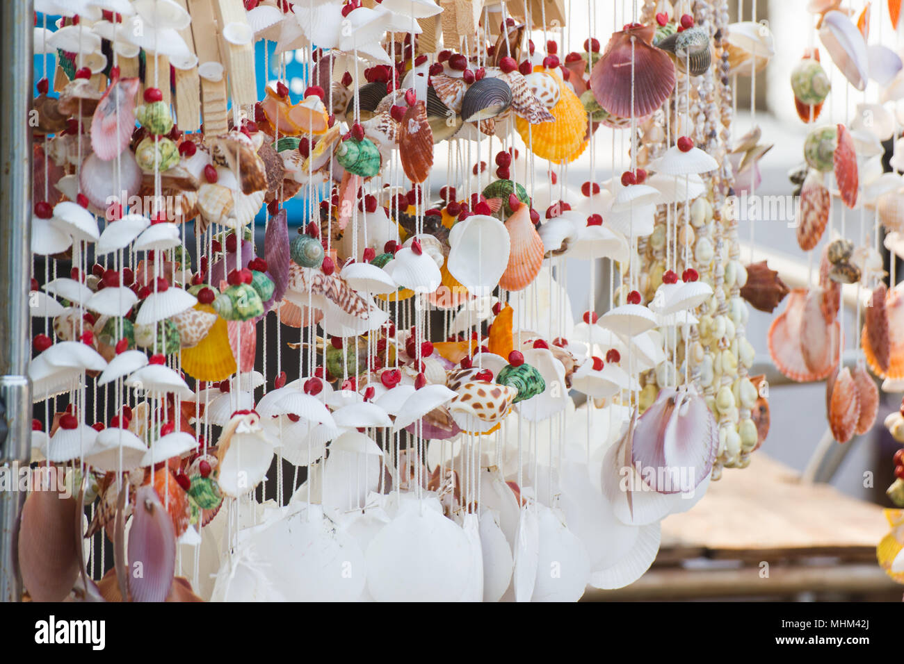 close up Hanging decor by sea shells at street shops, product hand made,  decoration at home Stock Photo - Alamy