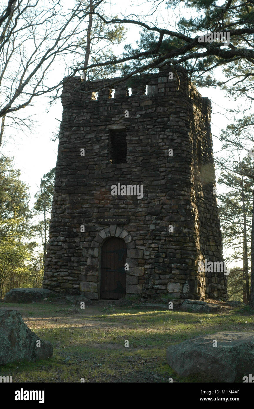 A water tower built by the Civilian Conservation Corps sits atop Petit Jean Mountain in Arkansas, in the United States. Stock Photo