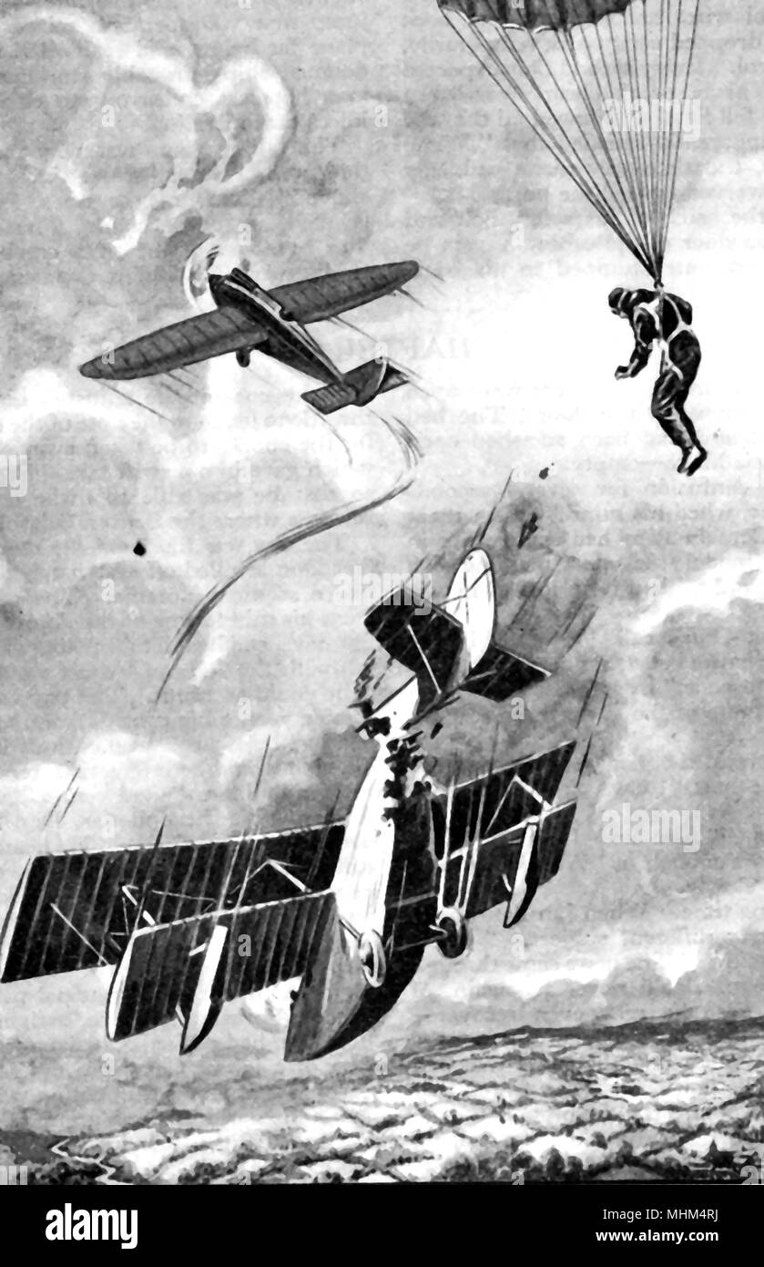 1930's image of a British biplane being shot down by an enemy aeroplane Stock Photo